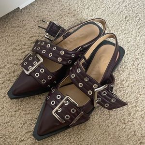 Ganni Burgundy Buckle Flats
